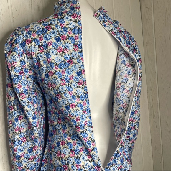 Nasty Gal Floral Print Dress 10 Blue Pink White Long Sleeve Mini Ruffles - Picture 9 of 12